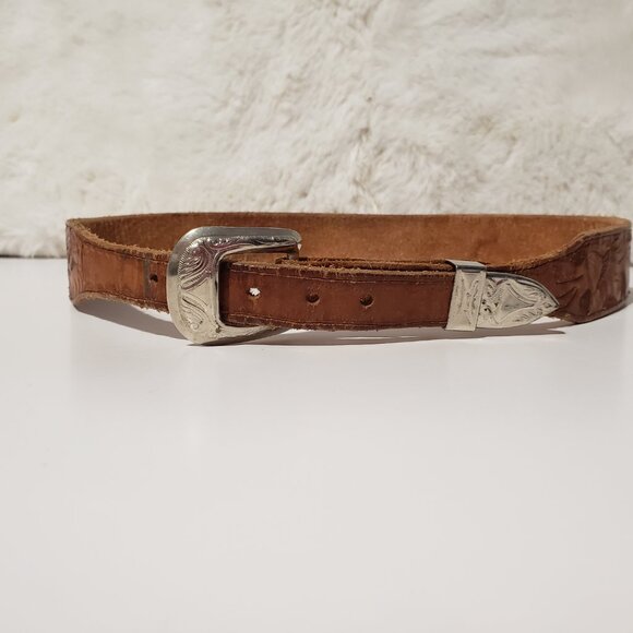 Vintage 1950s Leather Tooled Western Belt BJ Floral 1.25\